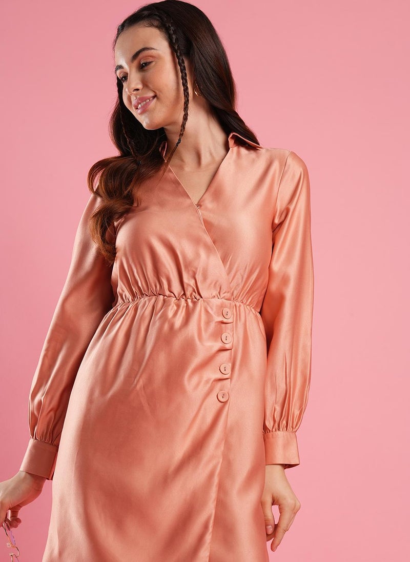 Globus Women's Peach Formal Wrap Dress with Collared V Neck Cuffed Sleeves and Button Detail - Image 1