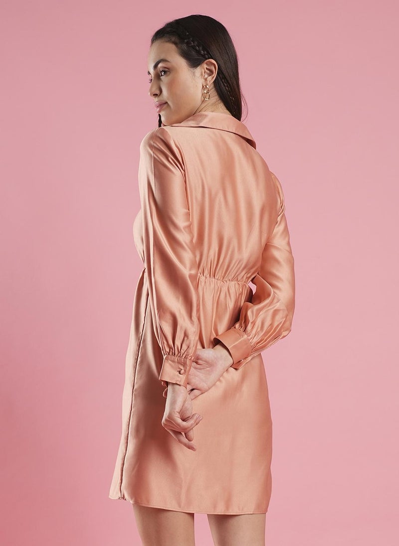 Globus Women's Peach Formal Wrap Dress with Collared V Neck Cuffed Sleeves and Button Detail - Image 4