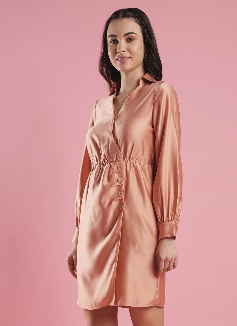 Globus Women's Peach Formal Wrap Dress with Collared V Neck Cuffed Sleeves and Button Detail - Image 3