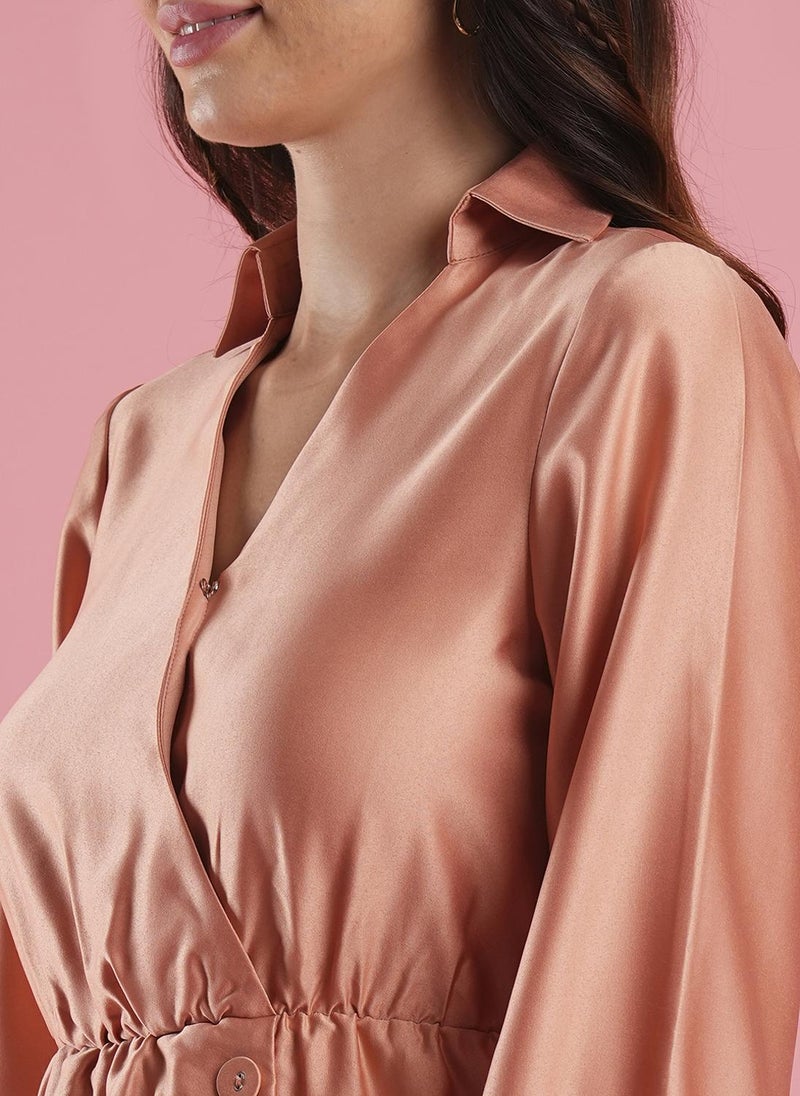 Globus Women's Peach Formal Wrap Dress with Collared V Neck Cuffed Sleeves and Button Detail - Image 5