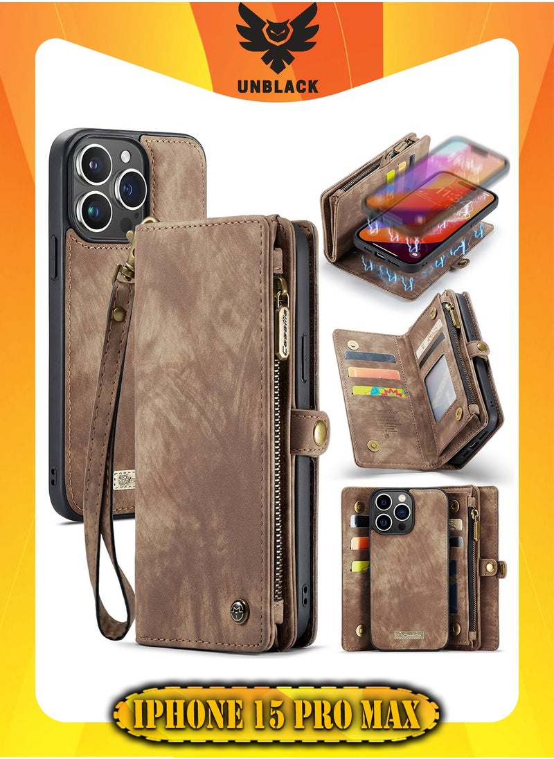 CaseMe Protective Phone Cover Case Wallet Case For Apple iPhone 15 Pro Max, 2 in 1 Detachable Premium Leather Magnetic Zipper Pouch Wristlet Flip Phone Case (Brown)  - Image 1