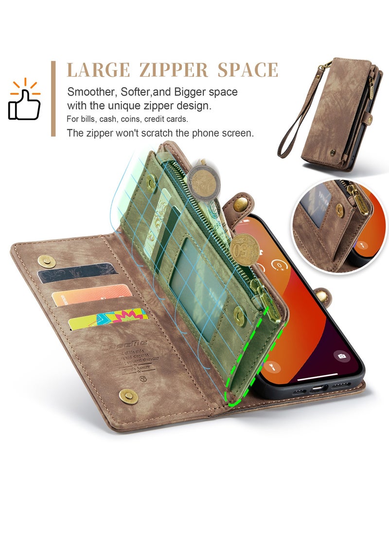 CaseMe Protective Phone Cover Case Wallet Case For Apple iPhone 15 Pro Max, 2 in 1 Detachable Premium Leather Magnetic Zipper Pouch Wristlet Flip Phone Case (Brown)  - Image 4