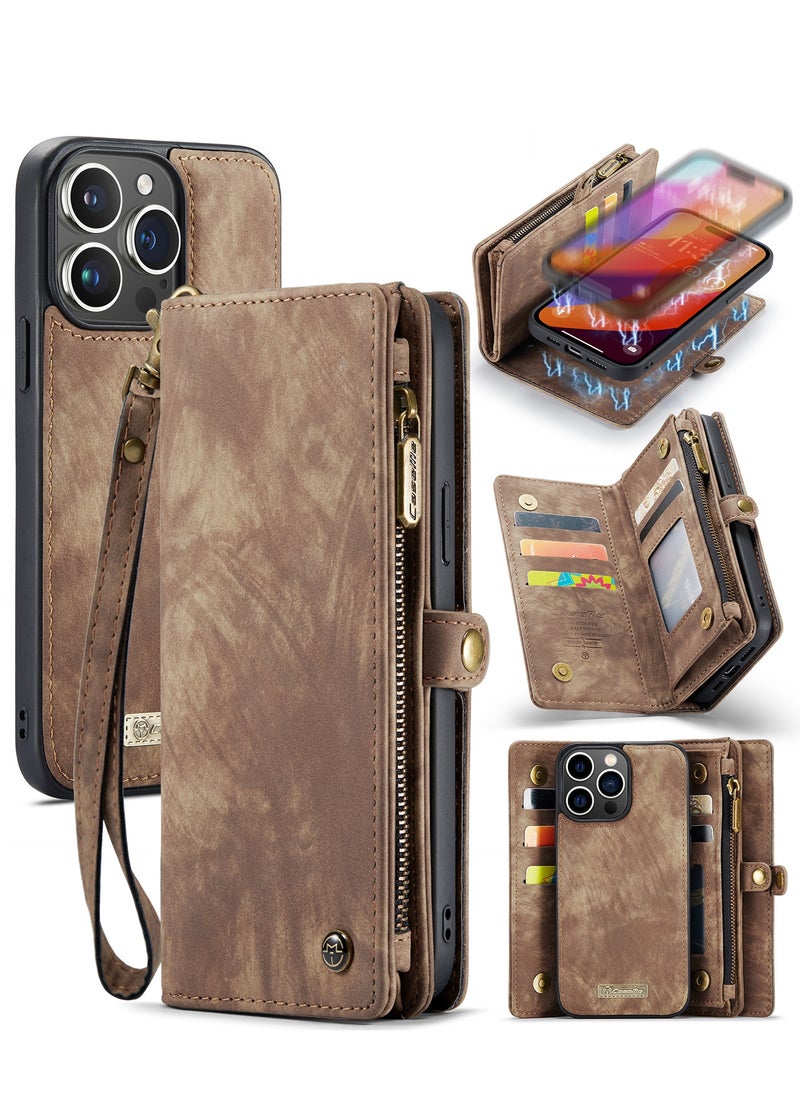 CaseMe Protective Phone Cover Case Wallet Case For Apple iPhone 15 Pro Max, 2 in 1 Detachable Premium Leather Magnetic Zipper Pouch Wristlet Flip Phone Case (Brown)  - Image 2