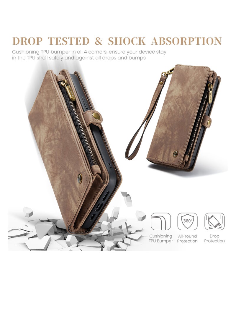 CaseMe Protective Phone Cover Case Wallet Case For Apple iPhone 15 Pro Max, 2 in 1 Detachable Premium Leather Magnetic Zipper Pouch Wristlet Flip Phone Case (Brown)  - Image 5
