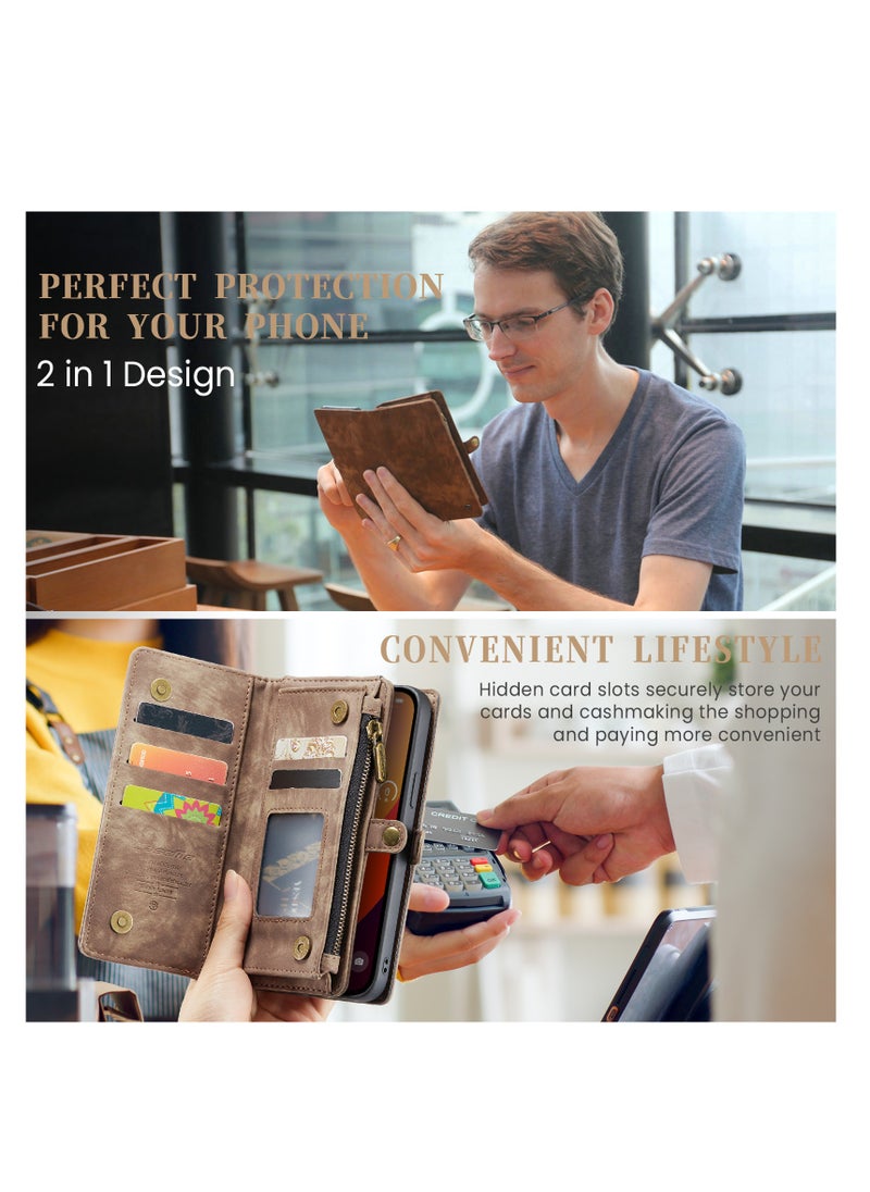 CaseMe Protective Phone Cover Case Wallet Case For Apple iPhone 15 Pro Max, 2 in 1 Detachable Premium Leather Magnetic Zipper Pouch Wristlet Flip Phone Case (Brown)  - Image 3
