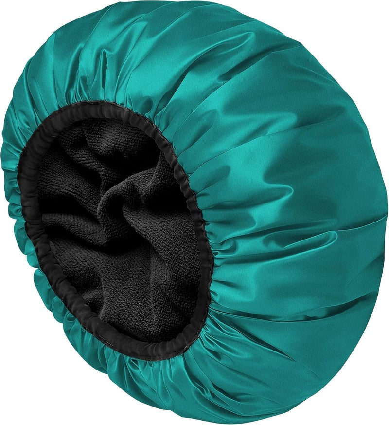 AOGOE Shower Cap, Extra Large Triple Layer Waterproof Bath Cap with Dry Hair Function for Women, Microfiber Terry Cloth Silky Satin, Reusable Long Hair Bath Cap, Kitchen Oil Proof Cap Keeping Hair Dry - Image 1