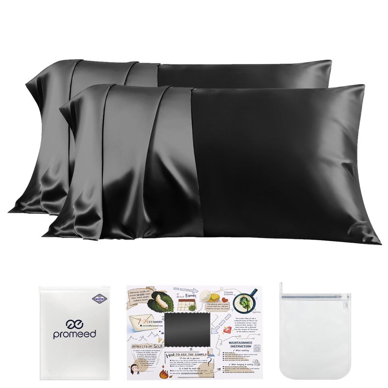 PROMEED PROMEED 100 Mulberry Silk Pillowcase Set of 2 23 Momme 3rd Gen Grade 6A 100 Mulberry Silk Pillow Cases 2 Pack Real Silk Pillow Cover for Acne Prone Skin King 20x36 Black 