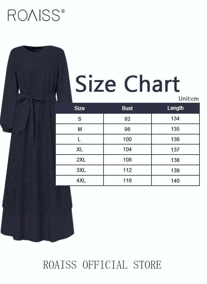 roaiss - Women's Round Neck Gown Lace Decoration Long Sleeve Waisted Loose Long Dress - Image 1