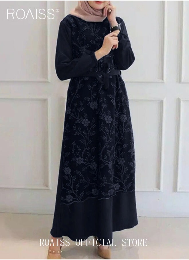 roaiss - Women's Round Neck Gown Lace Decoration Long Sleeve Waisted Loose Long Dress - Image 1