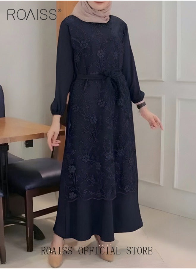 roaiss - Women's Round Neck Gown Lace Decoration Long Sleeve Waisted Loose Long Dress - Image 1