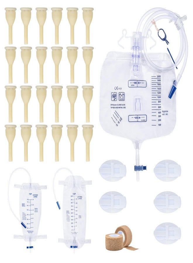 BeHerk External Condom Catheters for Elderly Men Age 80, 24 Soft Latex, 5 Catheter Stabilization Devices, 750 & 1000 ml Catheter Leg Bags, 2000 ml Catheter Bags, 2 Rolls of Tape, for Male Incontinence - Image 1