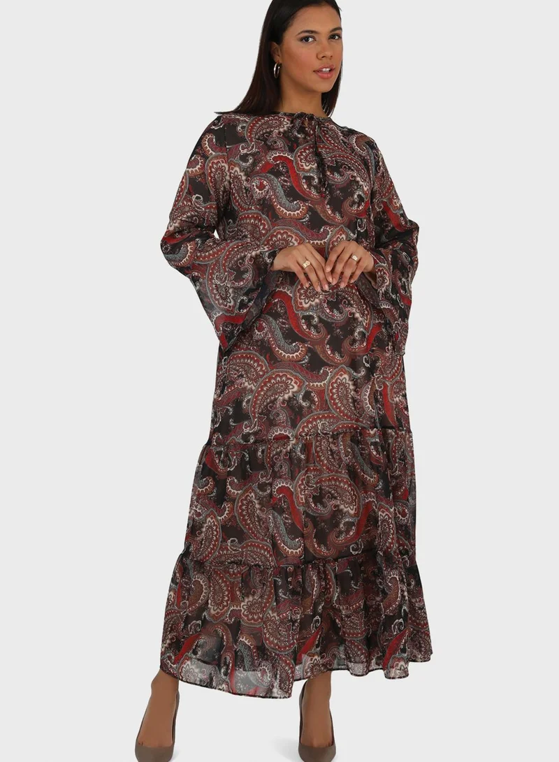 Alia by modanisa Flared Sleeve Tiered Printed Dress