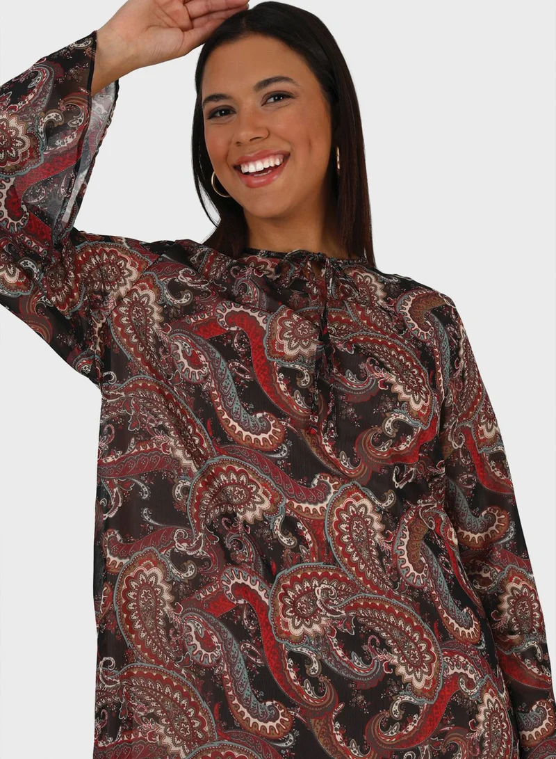 Alia by modanisa Flared Sleeve Tiered Printed Dress