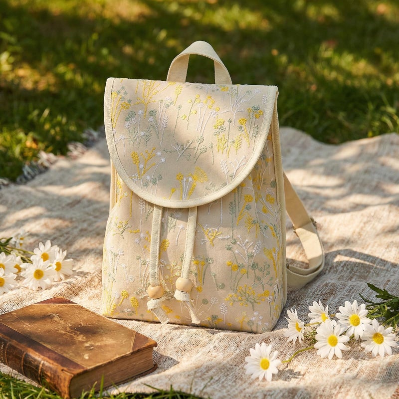 Goodhan Vintage Embroidered Backpack Purses for Women - Boho Shoulder Bag for Travel,Ethnic Floral Mini Back Pack,Lightweight Handbags for Daily Use (Beige) - Image 3