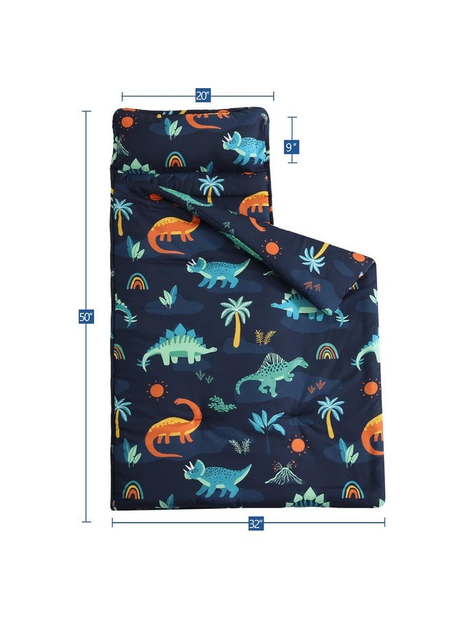 PHF Navy Dinosaur Toddler Nap Mat Set, with Removable Pillow for Toddler Boys, Soft and Lightweight for Daycare, Preschool, Travel, Kindergarten Sleeping Bag, Fits Ages 3-6 Years, Large Navy Dinosaur - Image 2