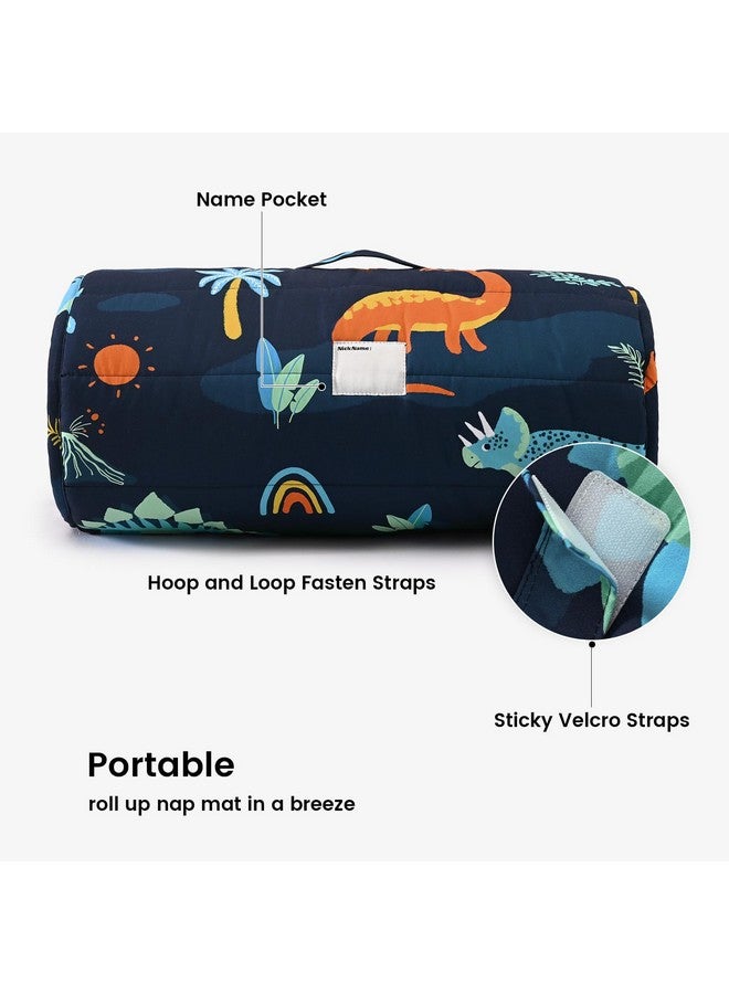 PHF Navy Dinosaur Toddler Nap Mat Set, with Removable Pillow for Toddler Boys, Soft and Lightweight for Daycare, Preschool, Travel, Kindergarten Sleeping Bag, Fits Ages 3-6 Years, Large Navy Dinosaur - Image 4