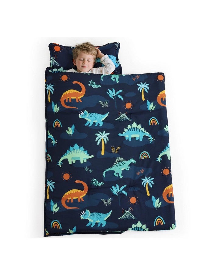 PHF Navy Dinosaur Toddler Nap Mat Set, with Removable Pillow for Toddler Boys, Soft and Lightweight for Daycare, Preschool, Travel, Kindergarten Sleeping Bag, Fits Ages 3-6 Years, Large Navy Dinosaur - Image 1