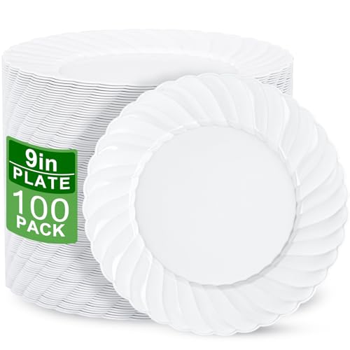 U-QE UQE 100 Pieces White Plastic Plates 9 Inch White Disposable Plates Washable Reusable Premium Hard Plates Party Supplies for Party Celebrations Travel Wedding Party and Events - Image 2