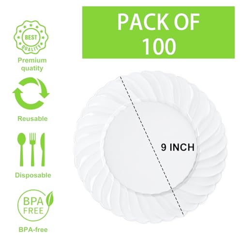 U-QE UQE 100 Pieces White Plastic Plates 9 Inch White Disposable Plates Washable Reusable Premium Hard Plates Party Supplies for Party Celebrations Travel Wedding Party and Events - Image 5