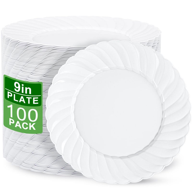 U-QE UQE 100 Pieces White Plastic Plates 9 Inch White Disposable Plates Washable Reusable Premium Hard Plates Party Supplies for Party Celebrations Travel Wedding Party and Events - Image 3