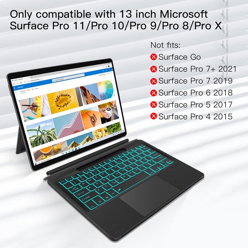 غطاء كتابة لـ Microsoft Surface Pro 11/Pro 10/Pro 9/Pro 8/Pro X 13 بوصة، لوحة مفاتيح بلوتوث 5.1 لاسلكية محمولة بإضاءة خلفية 7 ألوان لـ Surface Pro 11/10/9/8/X مع لوحة لمس وحامل قلم - أسود - Image 2
