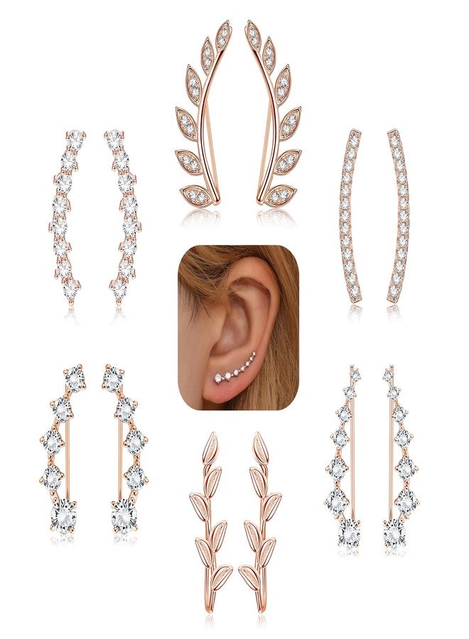 FINREZIO 6Pairs Ear Cuffs Climber Hoop Earring CZ Arrow Crawler Stud Earring Jacket for Women Rose Gold - Image 1