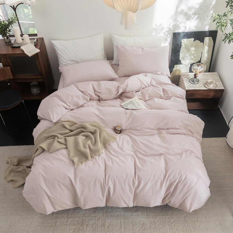 FOSSA Duvet Cover Set 100% Washed Cotton Linen Feel Super Soft Breathable Cozy 3 Pieces Bedding Sets Solid Greyish Pink Queen - Image 4