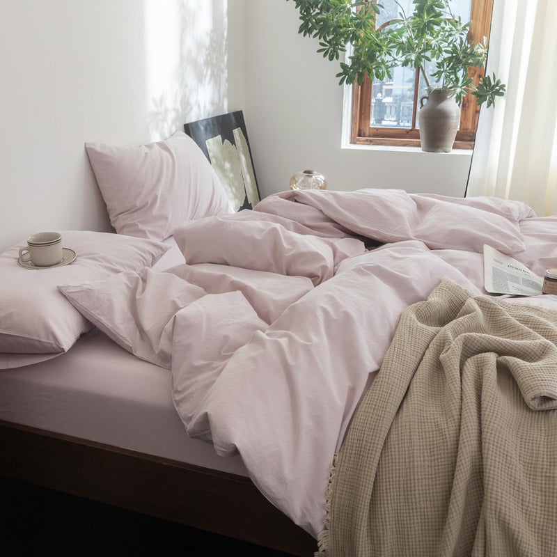 FOSSA Duvet Cover Set 100% Washed Cotton Linen Feel Super Soft Breathable Cozy 3 Pieces Bedding Sets Solid Greyish Pink Queen - Image 2