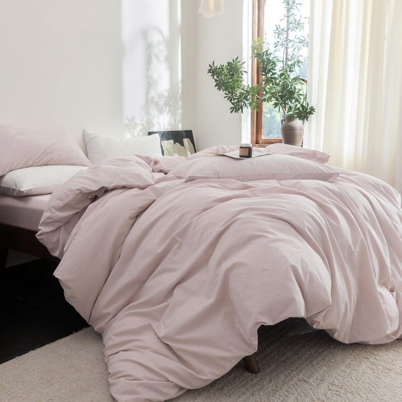 FOSSA Duvet Cover Set 100% Washed Cotton Linen Feel Super Soft Breathable Cozy 3 Pieces Bedding Sets Solid Greyish Pink Queen - Image 3