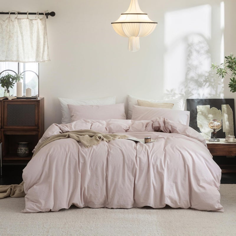 FOSSA Duvet Cover Set 100% Washed Cotton Linen Feel Super Soft Breathable Cozy 3 Pieces Bedding Sets Solid Greyish Pink Queen - Image 1