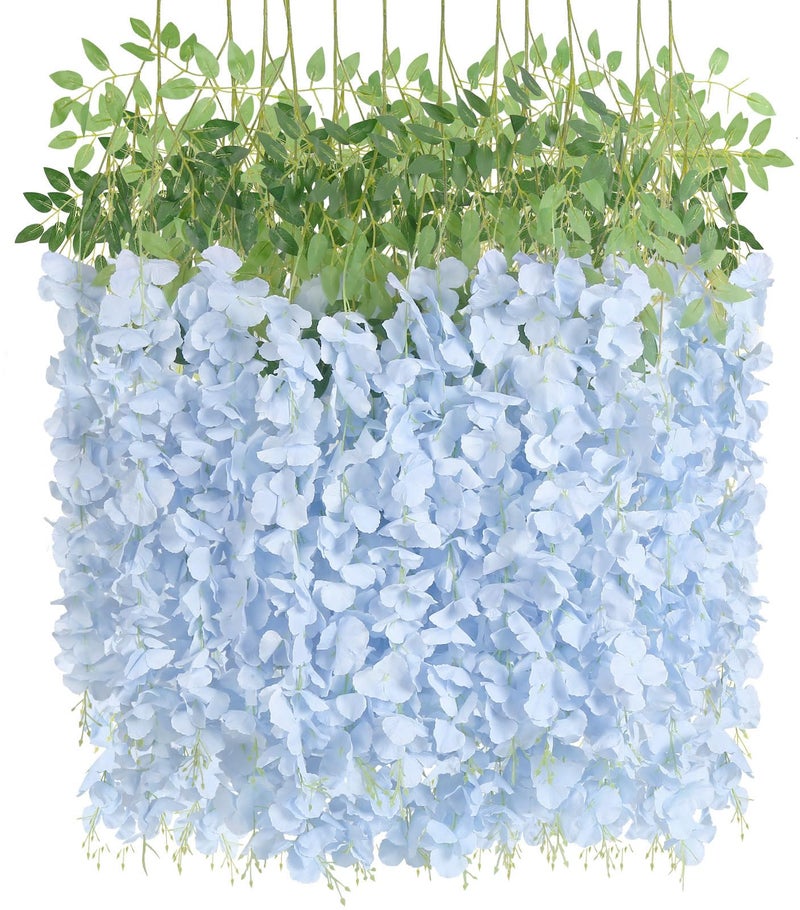INSUNSIX 12Pack Wisteria Hanging Flowers Vines 3.6ft Blue Artificial Flowers Fake Wisteria Bushy Garland Silk Flowers Wisteria Hanging Rattan String for Garden Home Wall Wedding Party Decor (Sky Blue) - Image 1