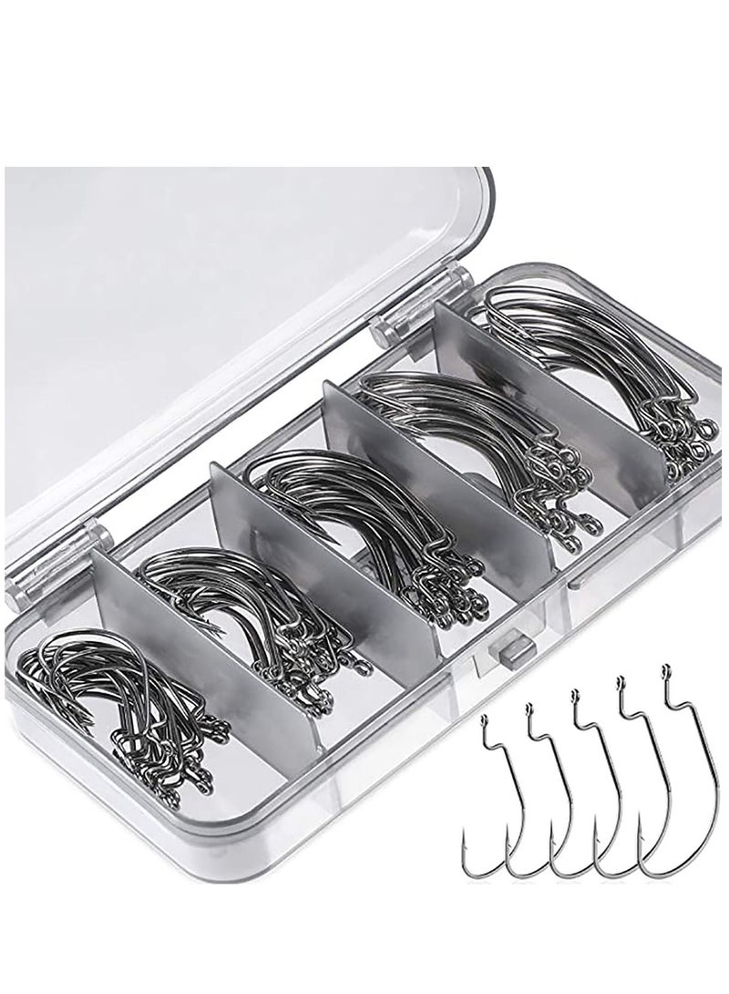 KASTWAVE 100 Pcs Fishing Hooks, High Carbon Steel Offset Worm Hooks with Plastic Box, Strong Sharp Soft Bait Jig Fish Hooks with Barbs for Bass Freshwater Saltwater - Image 1