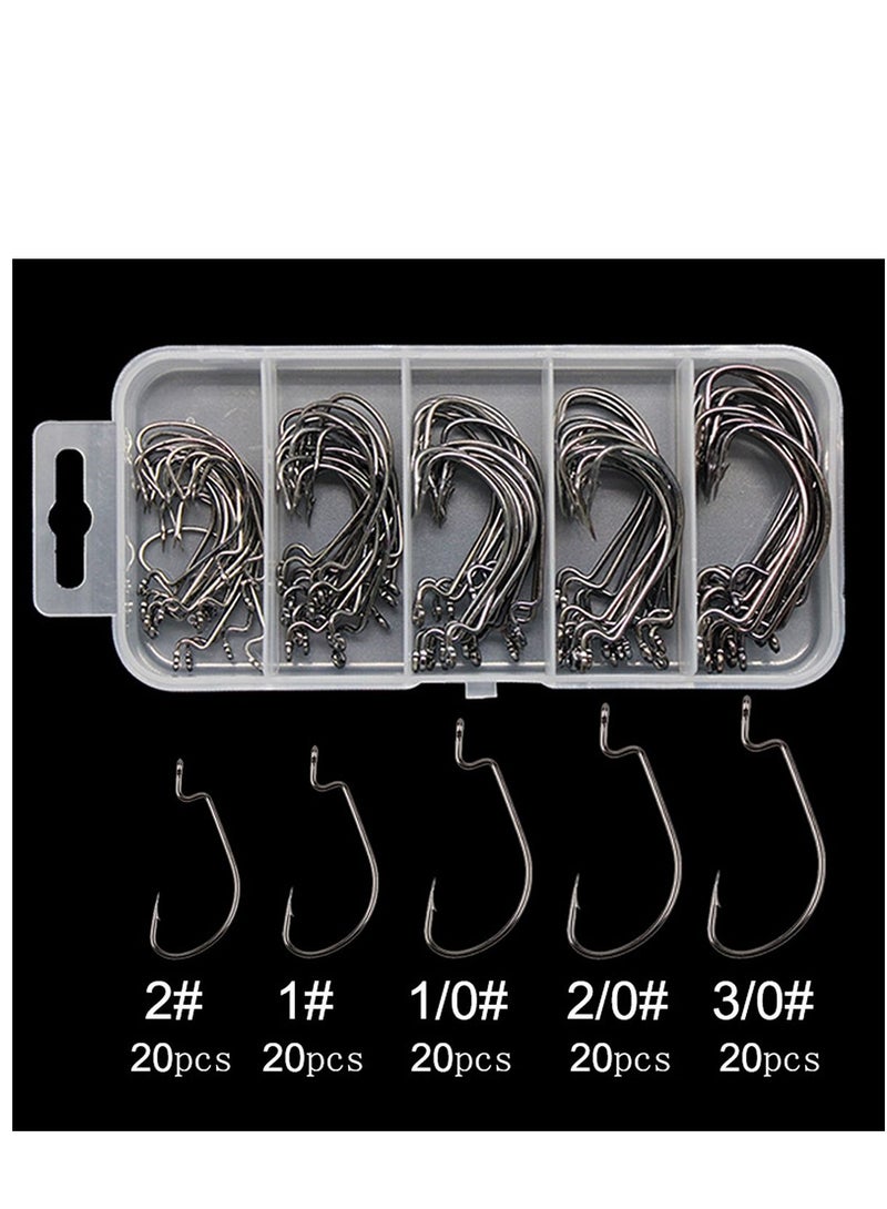 KASTWAVE 100 Pcs Fishing Hooks, High Carbon Steel Offset Worm Hooks with Plastic Box, Strong Sharp Soft Bait Jig Fish Hooks with Barbs for Bass Freshwater Saltwater - Image 2