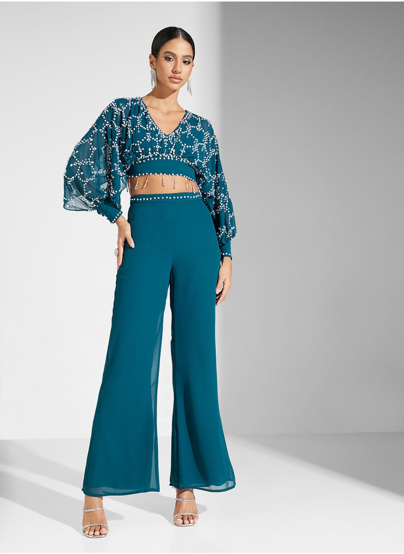 Frock and Frill - Embellished Puff Sleeve Crop Top And Trouser Set - Image 1