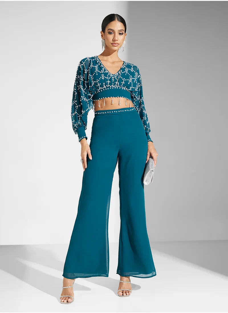 فروك اند فرل Embellished Puff Sleeve Crop Top And Trouser Set