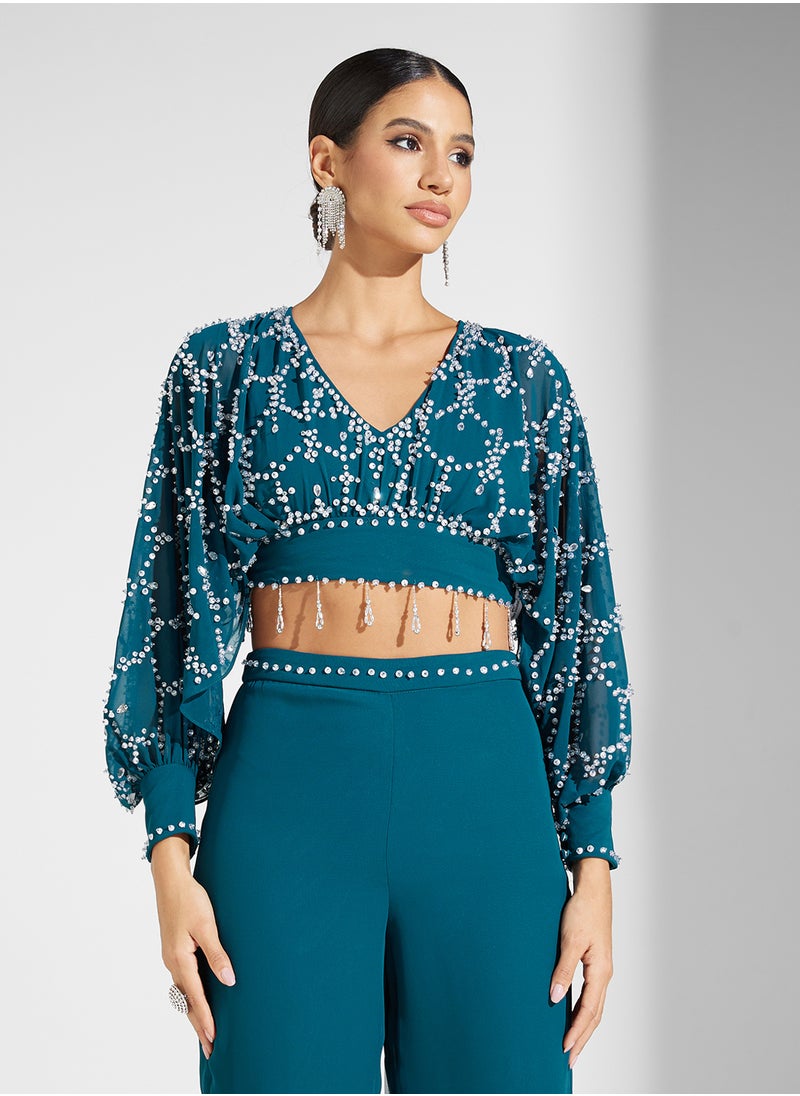 Frock and Frill - Embellished Puff Sleeve Crop Top And Trouser Set - Image 1