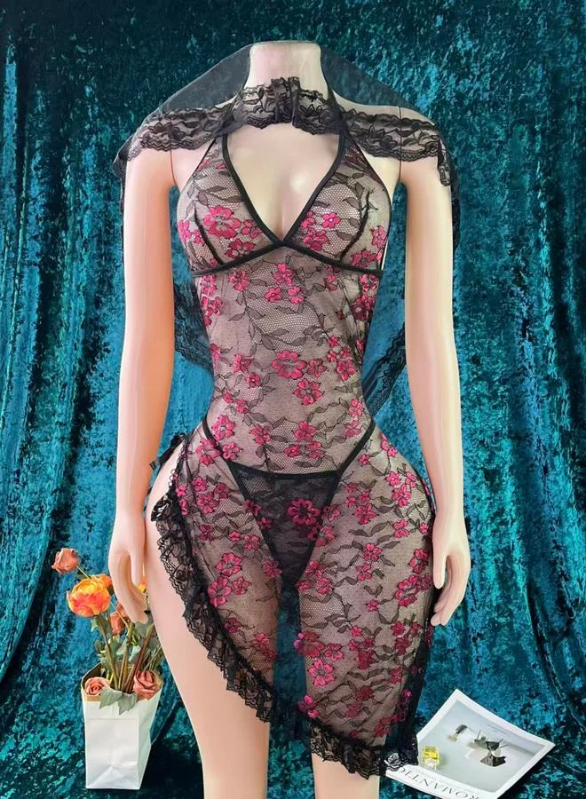 Take Two  Pack of 3- Lace Babydoll, Thong and Mesh Veil for Women | Best Price UAE