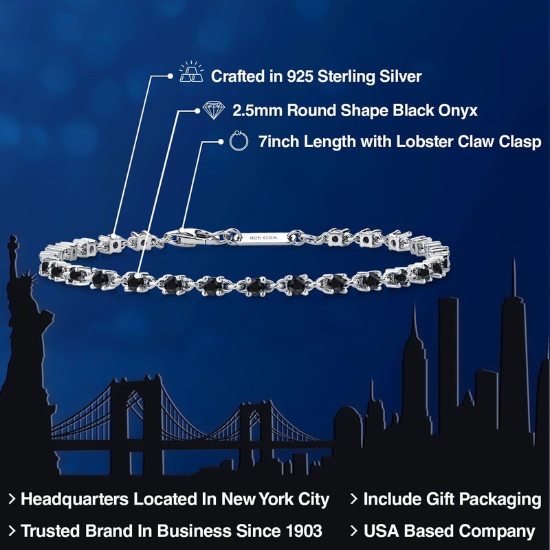 Gem Stone King Black Onyx Tennis Bracelet for Women in 925 Sterling Silver | 1.62 Cttw | Round 2.5MM | Gemstone December Birthstone | 7 Inch - Image 2