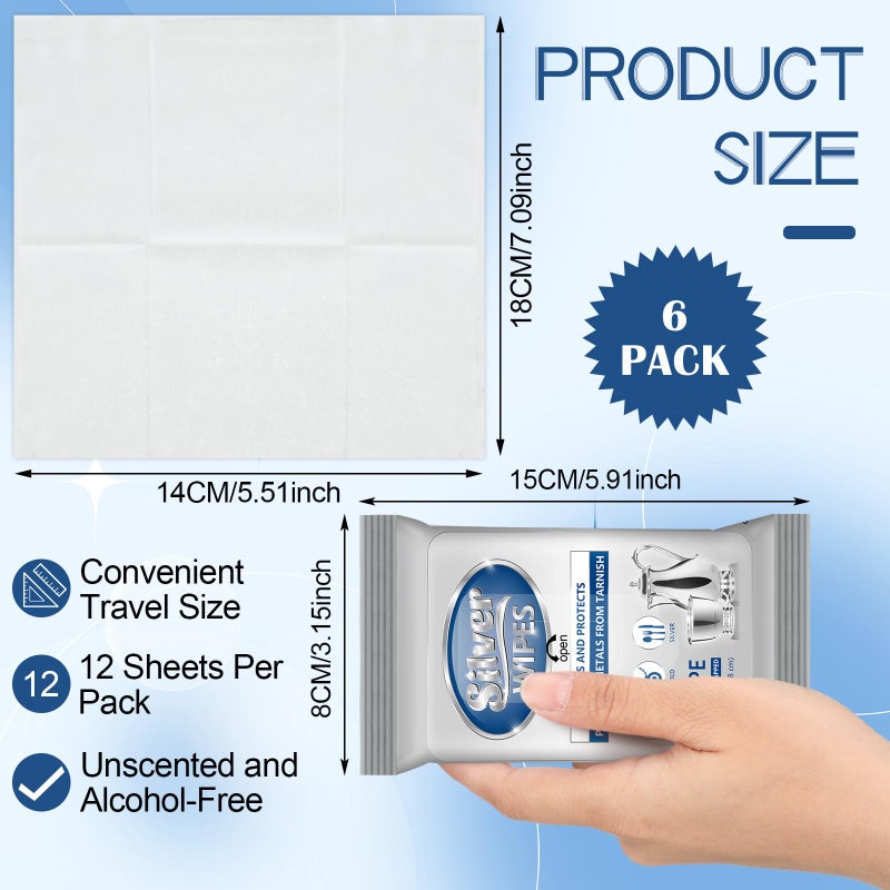 Dimsile 6 Pack/ 72 Pcs Silver Cleaner Wipes Silver Polish Jewelry Cleaner Cleaning Jewelry Wipes for Silverware Stainless Steel Brass Metal Tarnish Remover - Image 2