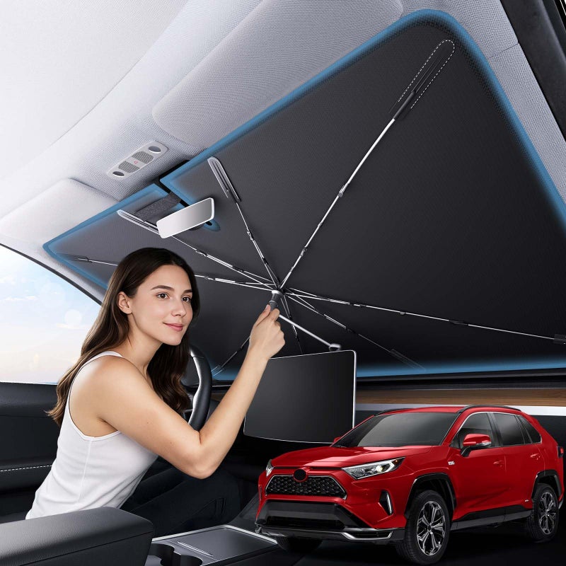 Zanch 2025 Upgraded Car Windshield Sun Shade Cool Down by 75  with Heat Insulation Coating Foldable Sunshade Umbrella Flexible Handle  Ribs Medium 57x32 for Car SUV Truck Van
