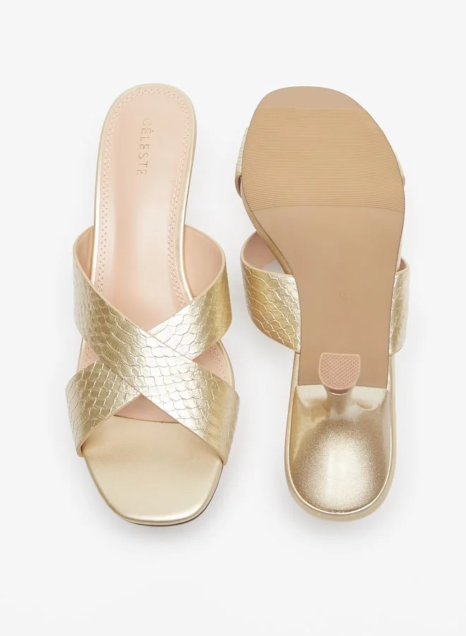 سيليست Women's Textured Cross Strap Slip-On Sandals with Kitten Heels