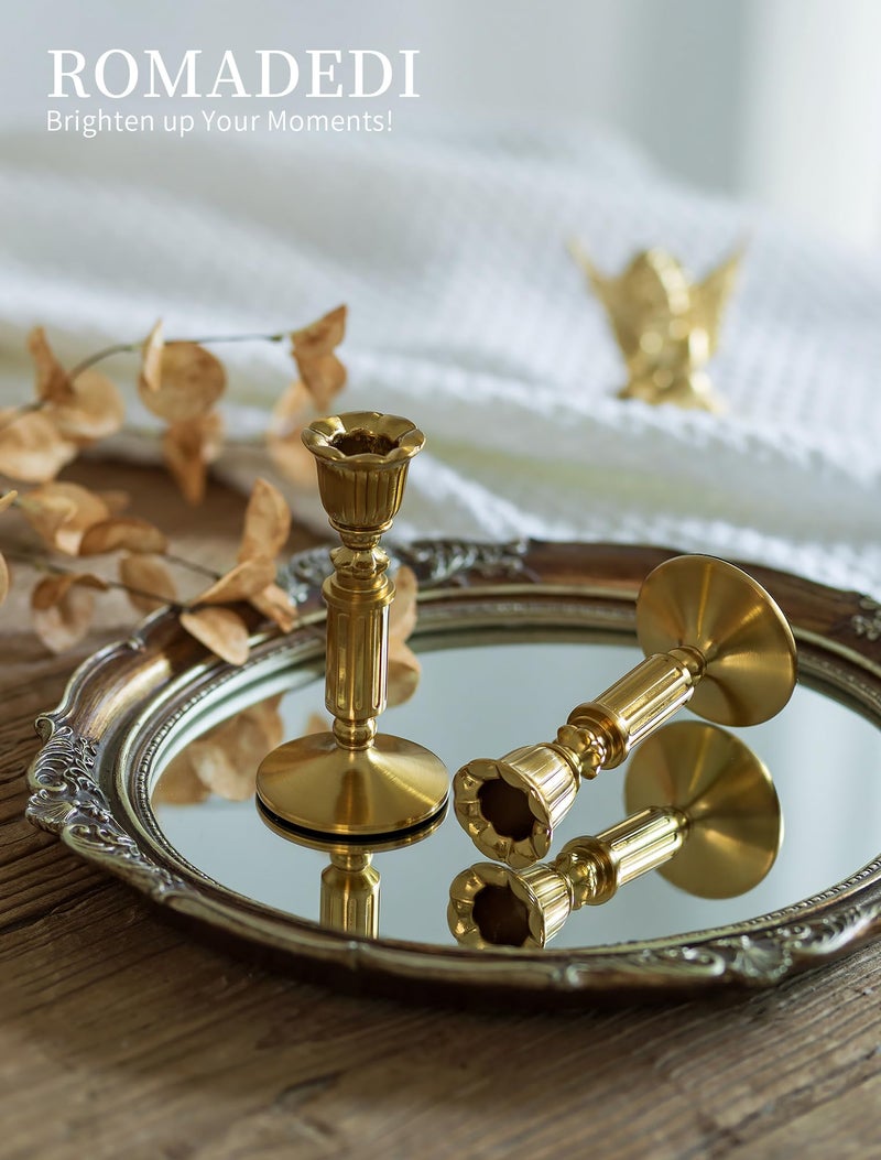 Romadedi Gold Candle Holders Vintage Decor - Romadedi Solid Brass Candlestick Taper Holder for Wedding Christmas Table Centerpiece Mantel Home Decoration 5.5 Inch Set of 6 - Image 3