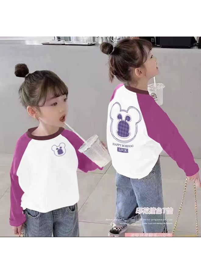 Girl's Patchwork T-shirt Long Sleeve Spring/autumn Style New Girls' Base Shirt Stylish Autumn Clothing Medium/large/extra Large Kids' Top