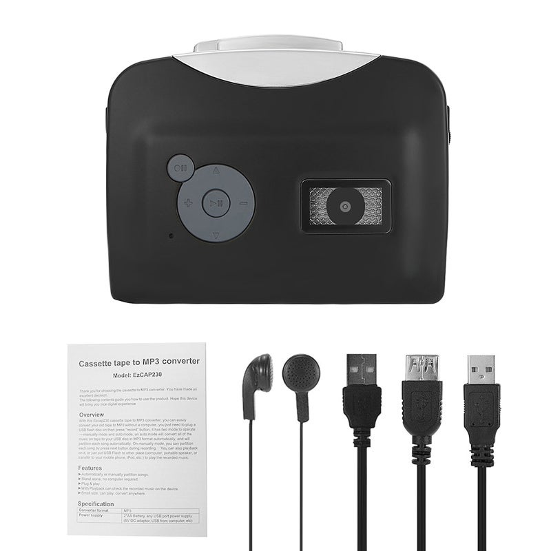 Cassette Tape-to-MP3 Converter: Black, No Computer Needed, Auto Or Manual Recording Mode - Playback Function, Audio Input Support for USB Flash Drive & Headphone Use for Vintage Tape Collectors & Musi - Image 1