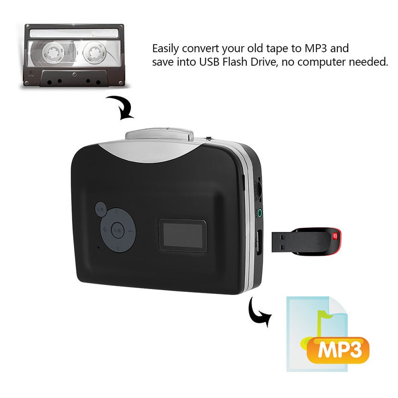 Cassette Tape-to-MP3 Converter: Black, No Computer Needed, Auto Or Manual Recording Mode - Playback Function, Audio Input Support for USB Flash Drive & Headphone Use for Vintage Tape Collectors & Musi - Image 3