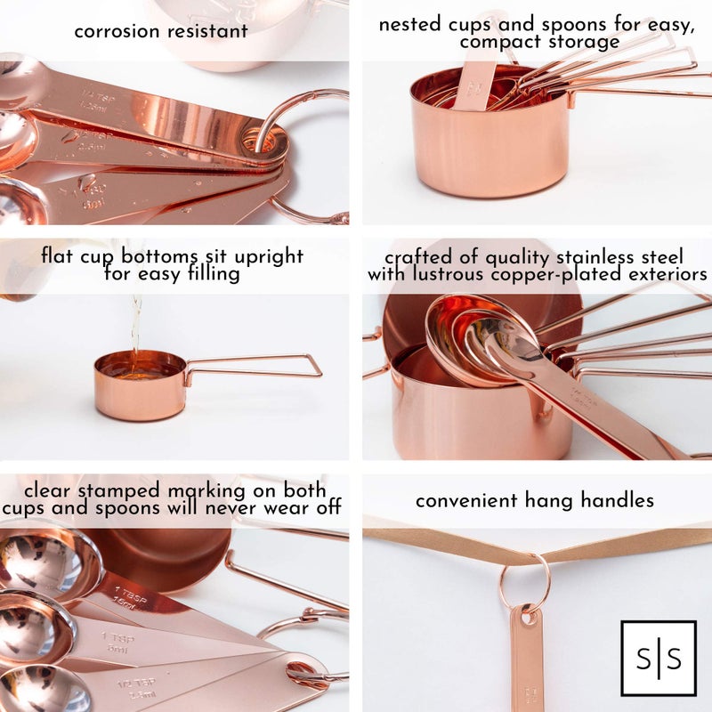 styled settings طقم أكواب وملاعق قياس نحاسية - طقم أكواب وملاعق قياس معدنية - قابلة للتكديس، أنيقة، متينة من الفولاذ المقاوم للصدأ (8 قطع) - طقم أكواب وملاعق قياس باللون الوردي الذهبي - Image 3