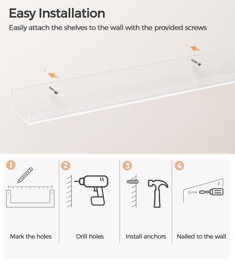 HBlife 48 Inches Invisible Wall Floating Bookshelf for Kids and Nursery, Clear Acrylic Shelves for Figures, 16 Inch Stud Spacing Long Large Picture Ledge Shelf for Photo Frames, 2 Pack (5MM Thick) - Image 3
