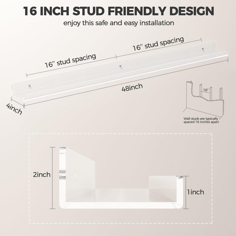 HBlife 48 Inches Invisible Wall Floating Bookshelf for Kids and Nursery, Clear Acrylic Shelves for Figures, 16 Inch Stud Spacing Long Large Picture Ledge Shelf for Photo Frames, 2 Pack (5MM Thick) - Image 2
