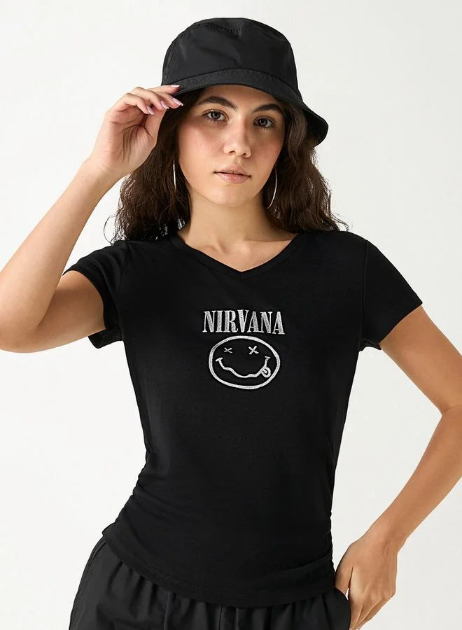 Nirvana Print V-neck T-shirt with Short Sleeves