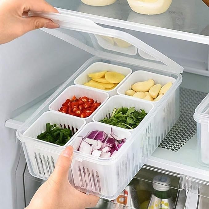 ADD2CART 6-Grid Refrigerator Storage Container, Vegetable Fruit Organiser Box with Drainage, Kitchen Food Storage Box with Lid, Multicolour - Image 1